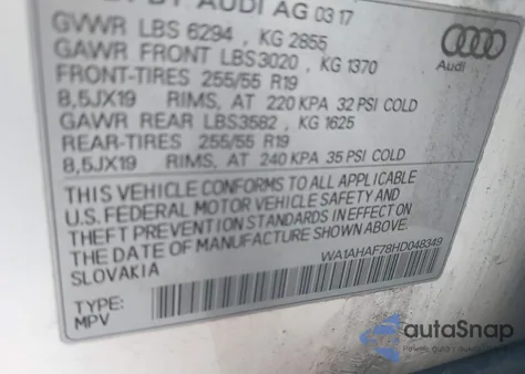 2017 Audi Q7 2.0T Premium из США, поврежденный, VIN WA1AHAF78HD048349